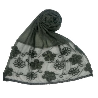 Embroidered floral cotton Hijab - Dark Green